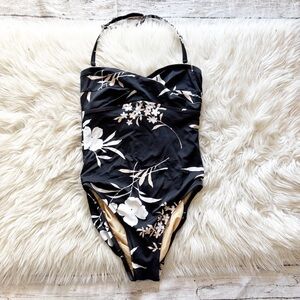 Newport News Swim Black Floral Halter One Piece Swimsuit Women’s Size 4